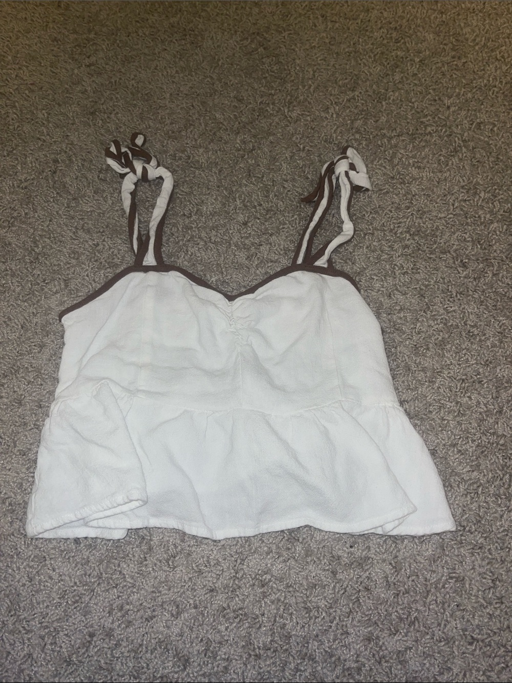 ILLA ILLA White Peplum Tie-Strap Camisole with Brown Trim